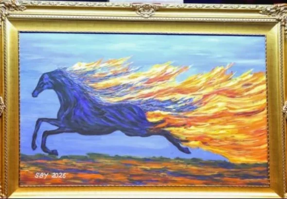 Lukisan karya SBY yang dilelang dalam acara perayaan Tahun Baru Imlek 2577 Kongzili Partai Demokrat di Djakarta Theater, Rabu (18/2/2026). (Sumber: Dok. Partai Demokrat)