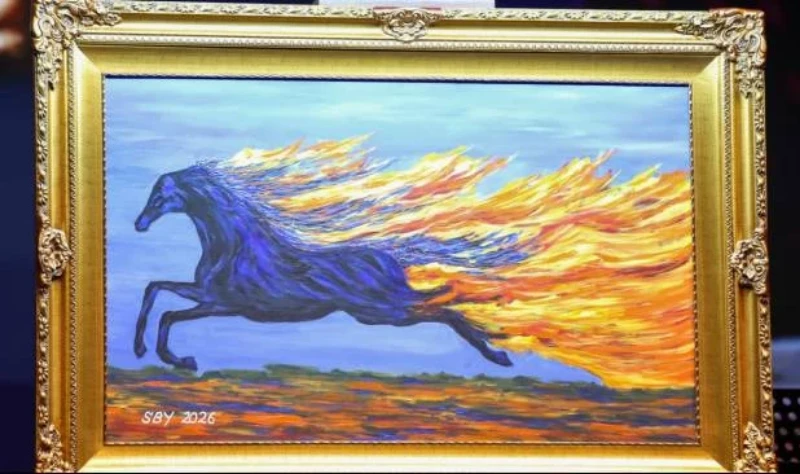 Lukisan karya SBY yang dilelang dalam acara perayaan Tahun Baru Imlek 2577 Kongzili Partai Demokrat di Djakarta Theater, Rabu (18/2/2026). (Sumber: Dok. Partai Demokrat)