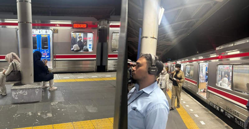 Perjalanan KRL relasi Tanah Abang (Tenabang) – Bekasi mengalami gangguan pada Selasa malam (7/4/2026), sehingga seluruh penumpang harus berpindah kereta. *Muhammad Abduh