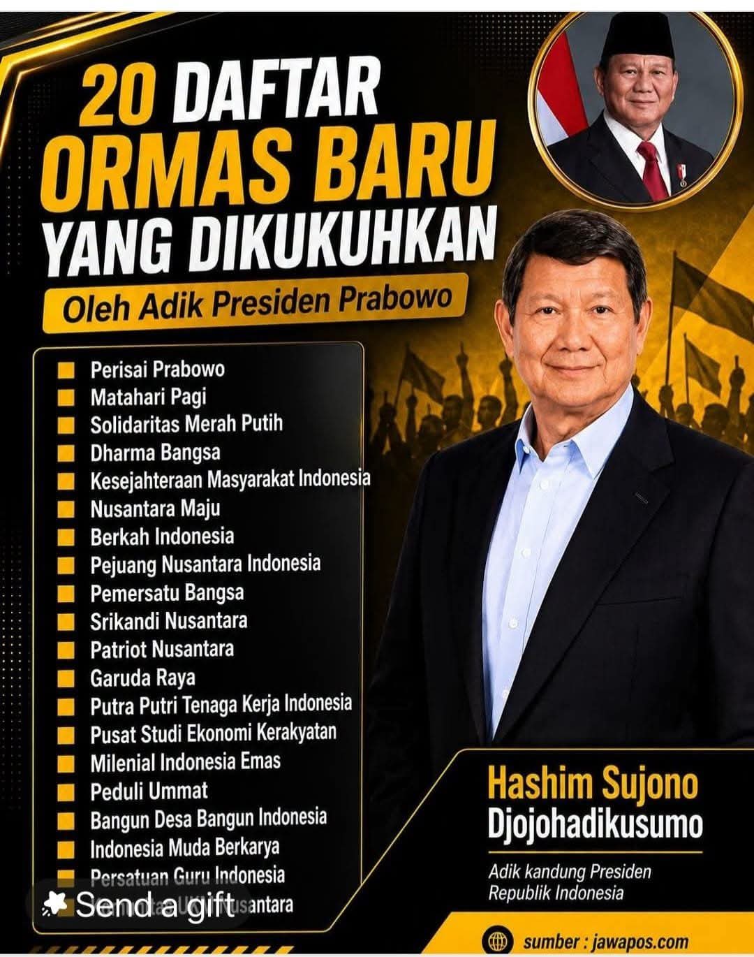 Hasyim Djojohadikusumo akan mengukuhkan 20 oragnisasi massa baru. *Ist